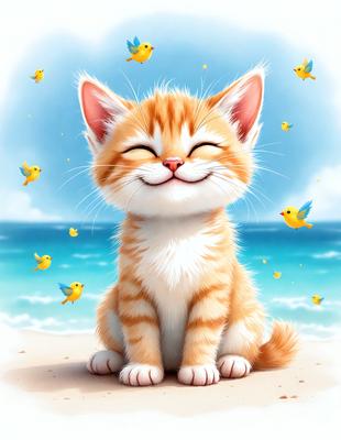 The primary subject of the image is a cute orange and white kitten sitting on the beach. The setting is a beach with a blue sky in the background. The visual style is a digital art or illustration, creating a whimsical and playful atmosphere. The colors are predominantly orange and white, with the blue sky adding a calming effect to the scene.